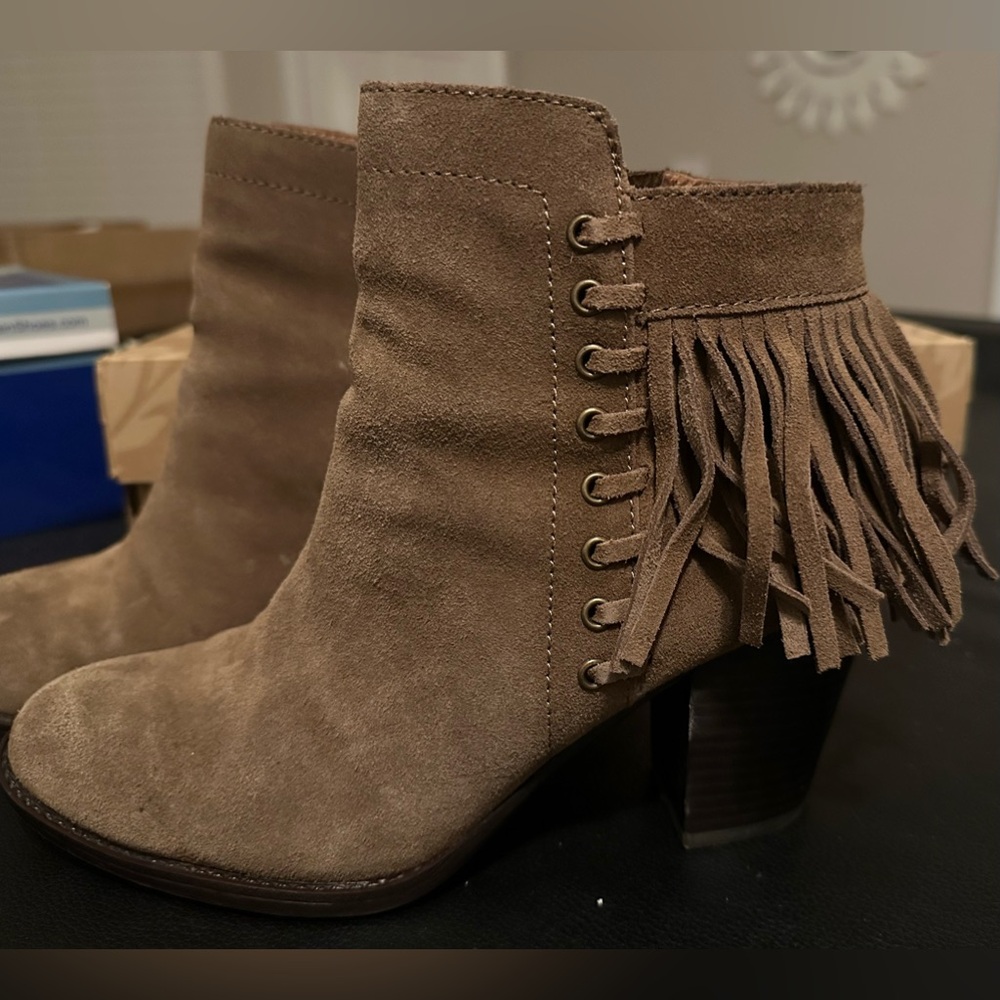 Taupe booties with fringe detail